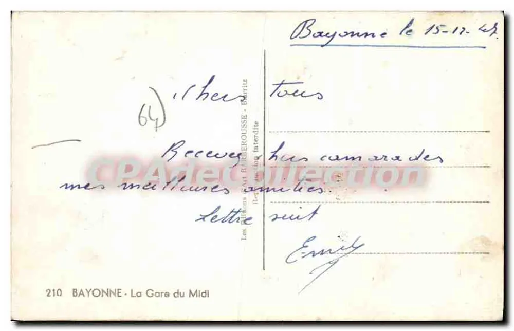 Bayonne - A Estação do Meio-Dia — editor Les éditions Art Banderousse, n° 210 - Verso