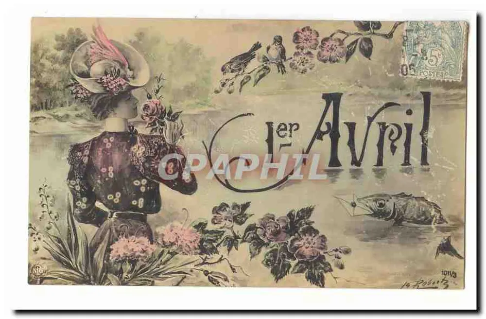 Mulher com chapéu decorado — 1º de Abril — editor N. Robe — n° 1011/3 - Frente