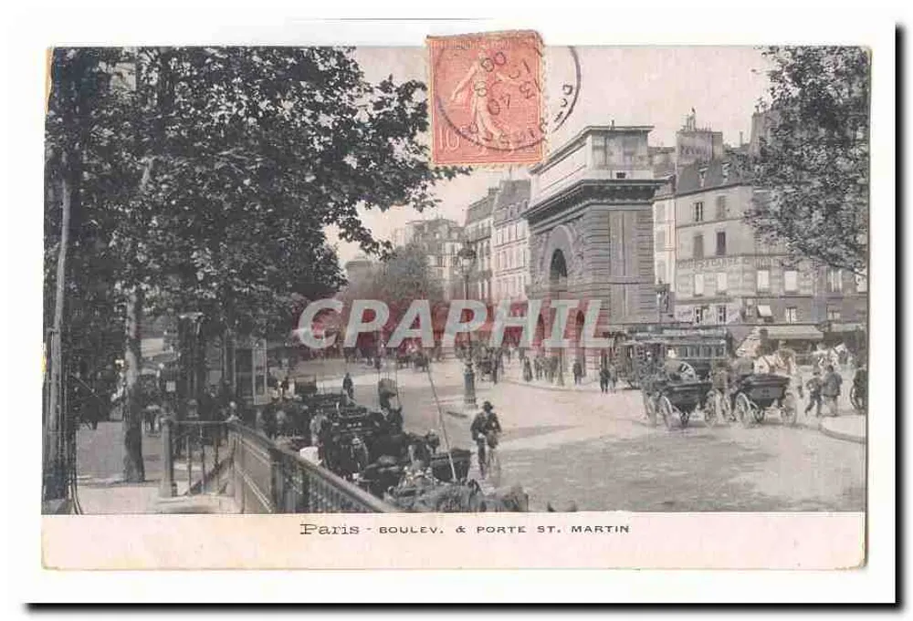 Paris - Boulevard & Porte Saint-Martin — städtische Ansicht mit Kutschen und Fußgängern - Vorderseite