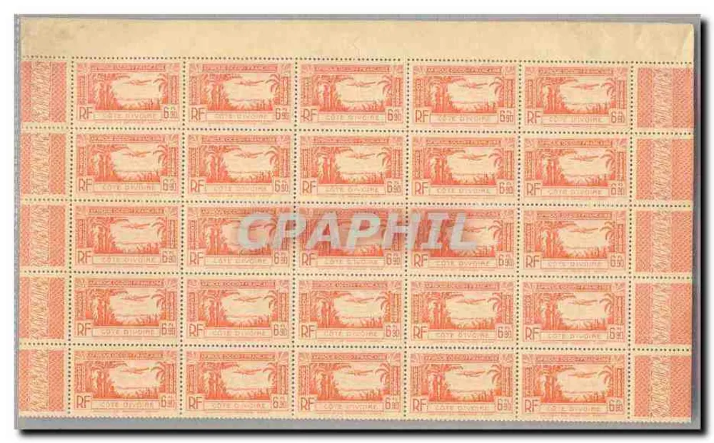 Cote d'Ivoire VOLLSTÄNDIGE BLATT VON 100 TP Luftpost 5 6f90 Bistreolive ** Neuwertig - Vorderseite