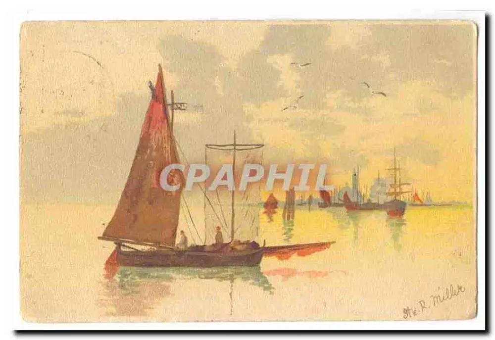 Embarcação a vela — porto ao pôr do sol — G. R. Müller - Frente
