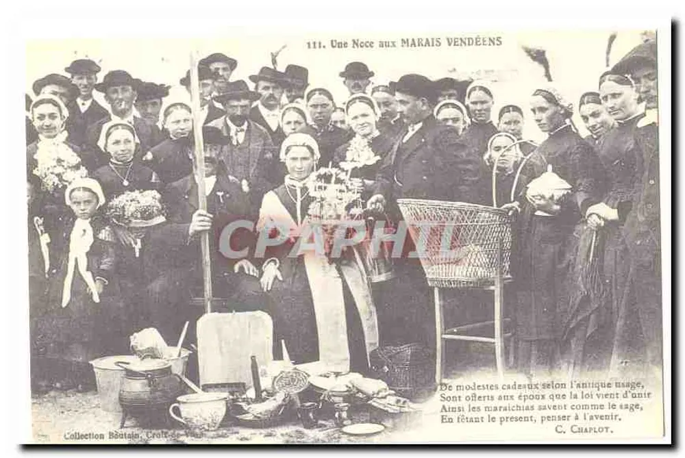 Une Noce aux Maraïs Vendéens — scène de mariage traditionnel avec groupe de personnes et objets rituels — éditeur C. CHAPLOT, n° 111 - Vorderseite