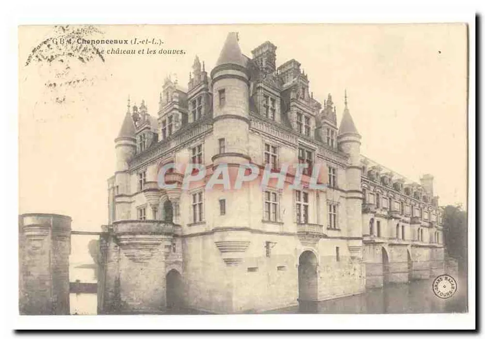 Chenonceaux (Loire) — A vista do castelo e das suas valas — editor G.B.M. (G. Baudouin & Cie, Tours) - Frente