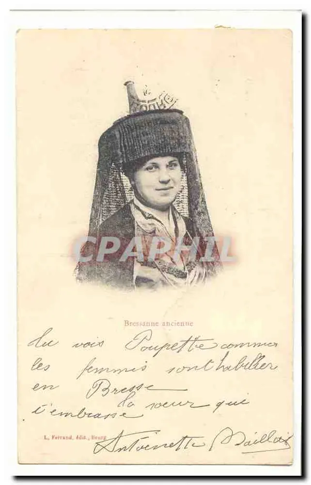 Mulher com coifa tradicional — Bressanne antiga — L. Ferrand, editor Bourg - Frente