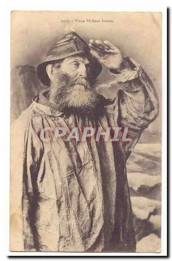 Vieux Pêcheur breton — portrait d'un homme barbu en vêtements de pêcheur — éditeur : Vieux Pêcheur breton (imprimé sur la carte) - Frente