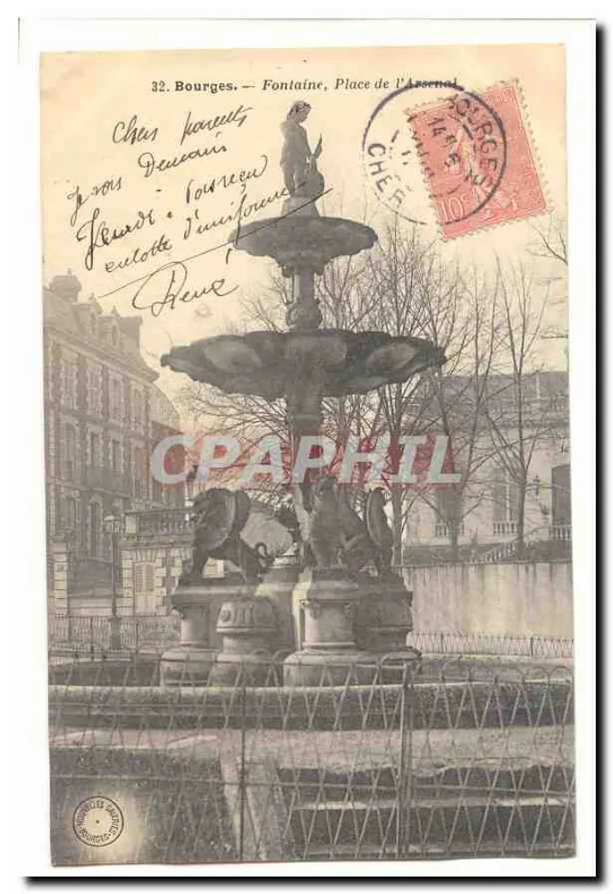 Bourges — Fontäne, Place de l'Arsenal — Verlag: Gesellschaft der Postkarten von Bourges, Nr. 32 - Vorderseite
