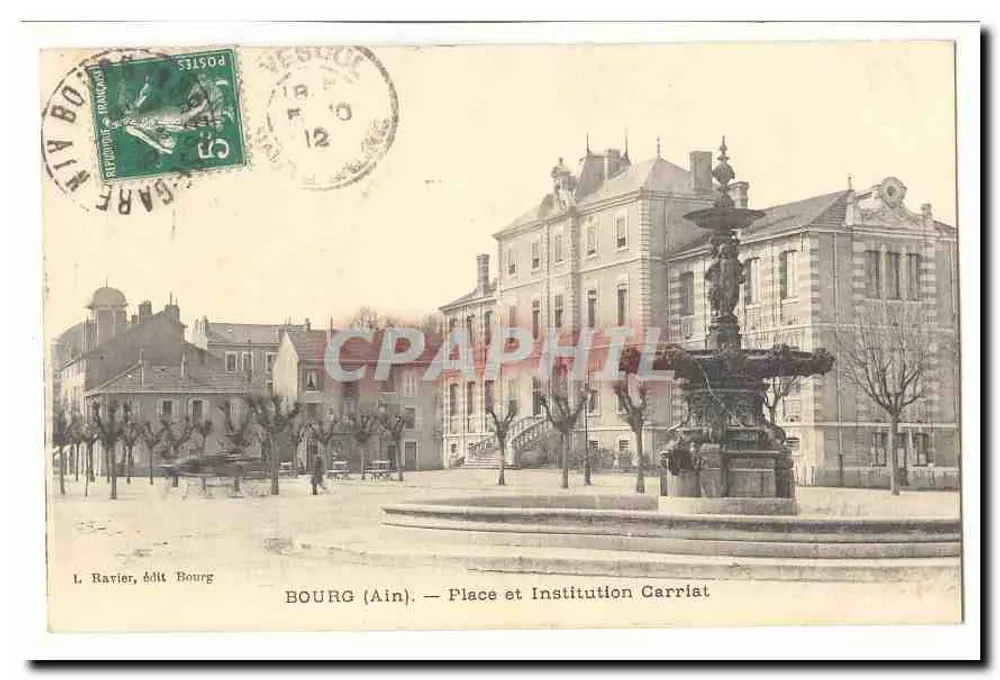 Bourg (Ain) — Piazza e Instituição Carriat — L. Ravier, editor de Bourg - Frente