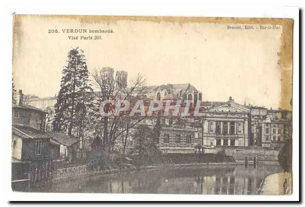 Verdun bombardeado — vista da cidade com igreja e edifícios — Benoist, Edit. - Bar-le-Duc - Frente