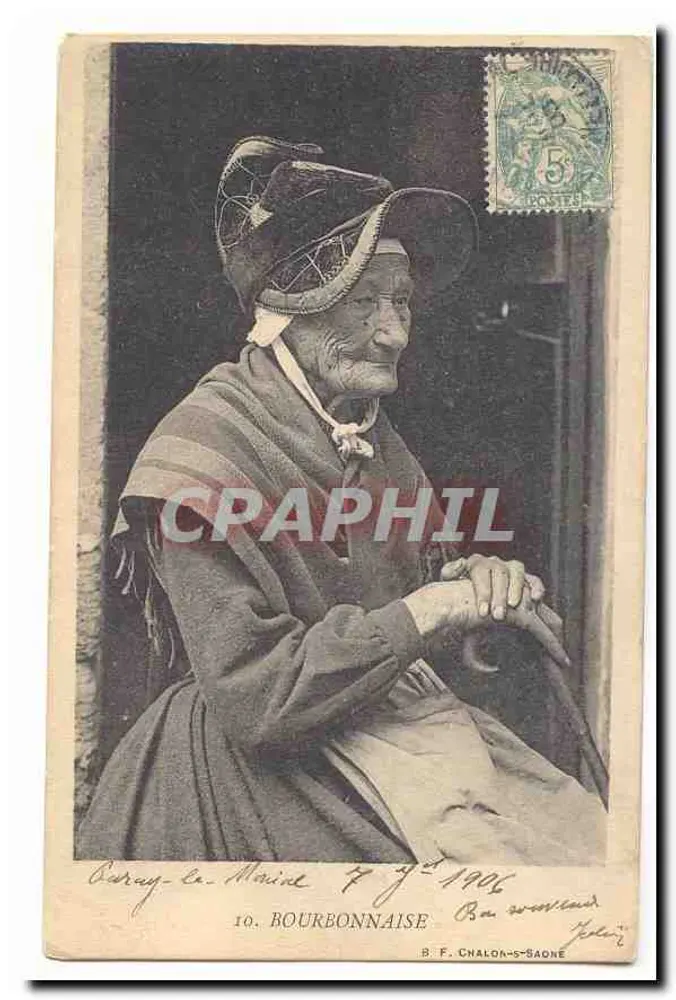 Bourbonnaise — Alte Frau mit Schal und Hut — B. F. Chalon-sur-Saône, Nr. 10 - Vorderseite