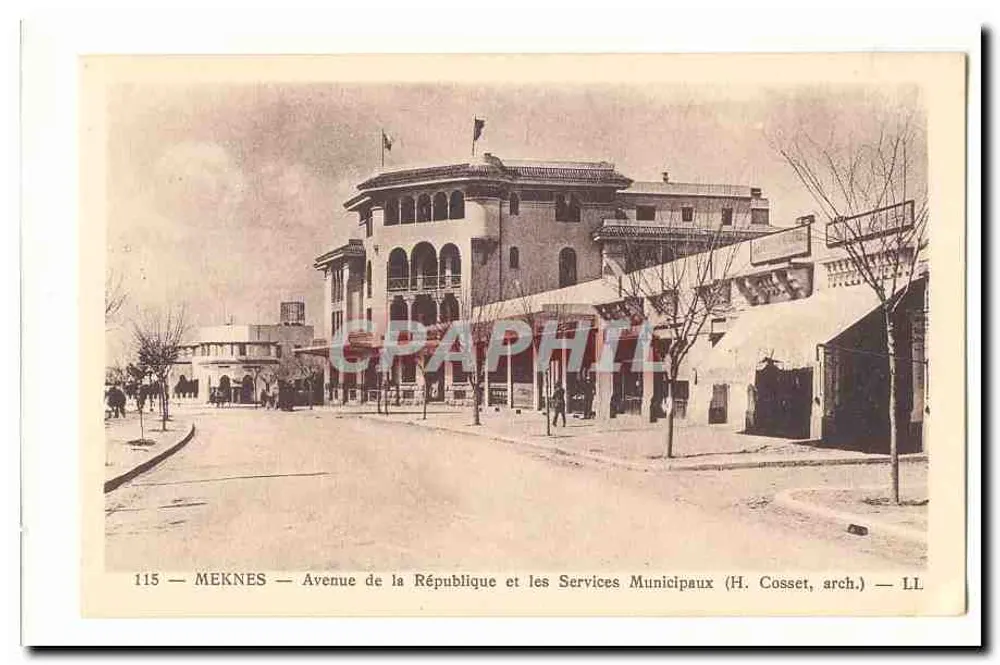 Meknès — Avenue de la République und die kommunalen Dienststellen — H. Cosset, arch. — LL - Vorderseite