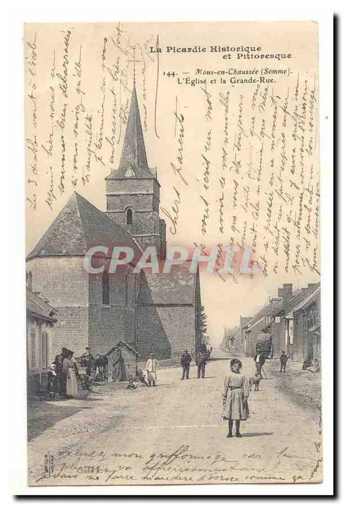 Mons-en-Chaussée (Somme) — Die Kirche und die Hauptstraße — La Picardie Historique et Pittoresque, n°144 - Vorderseite