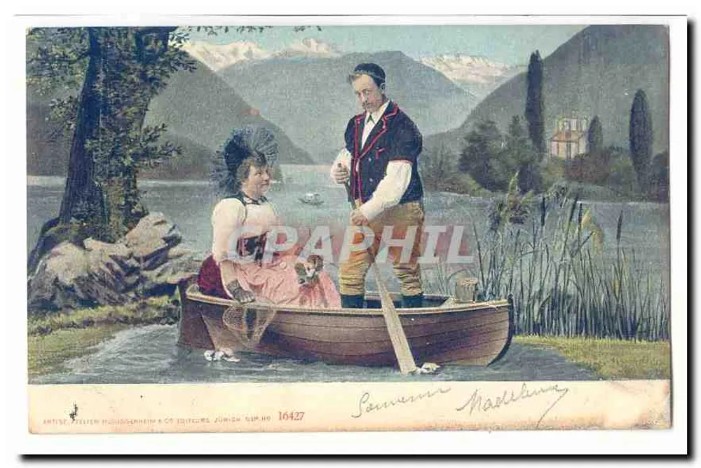 Casal em barco — lago com montanhas no fundo — Artista Stellen-Hugodgerheim & Co, editores JUNGH. N° 16427 - Frente