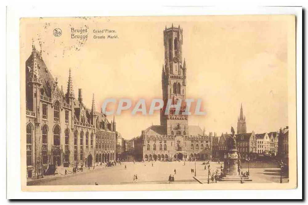 Bruges - Grand'Place — vista com a Torre da Igreja e a estátua de João Sem Terra — editor 'Brugge' n° 148 - Frente