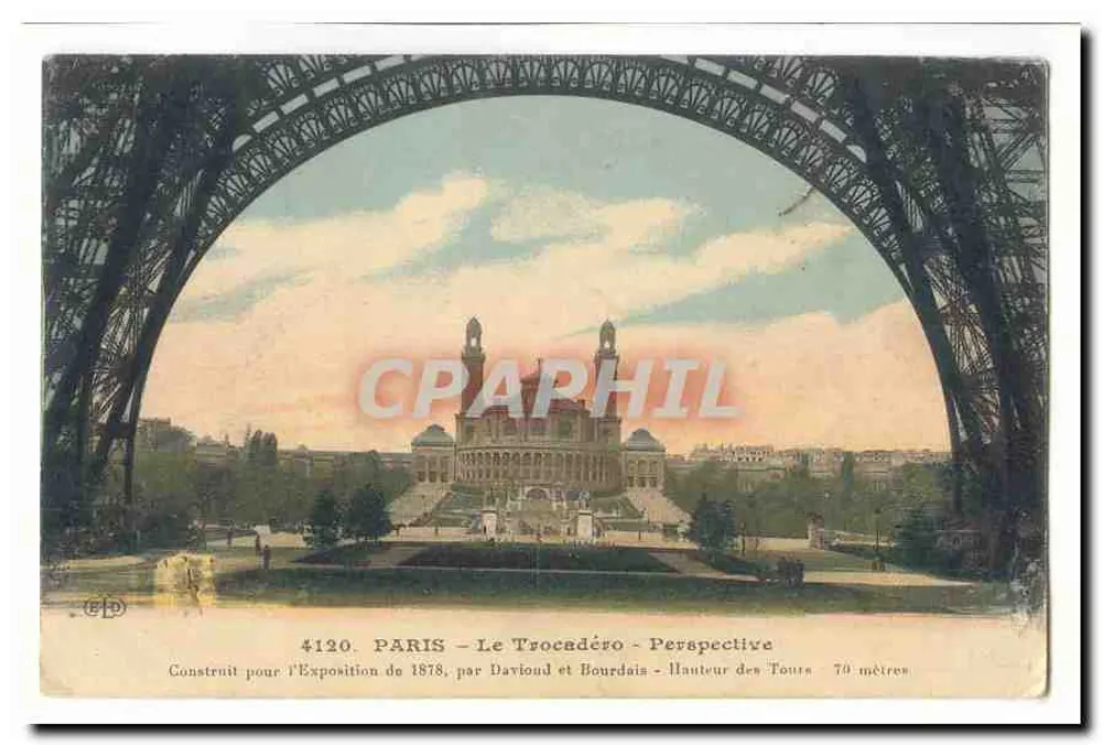 Paris - O Trocadéro - Perspectiva — Construído para a Exposição de 1878, por Davioud e Bourdais — Altura das Torres 70 metros - Frente