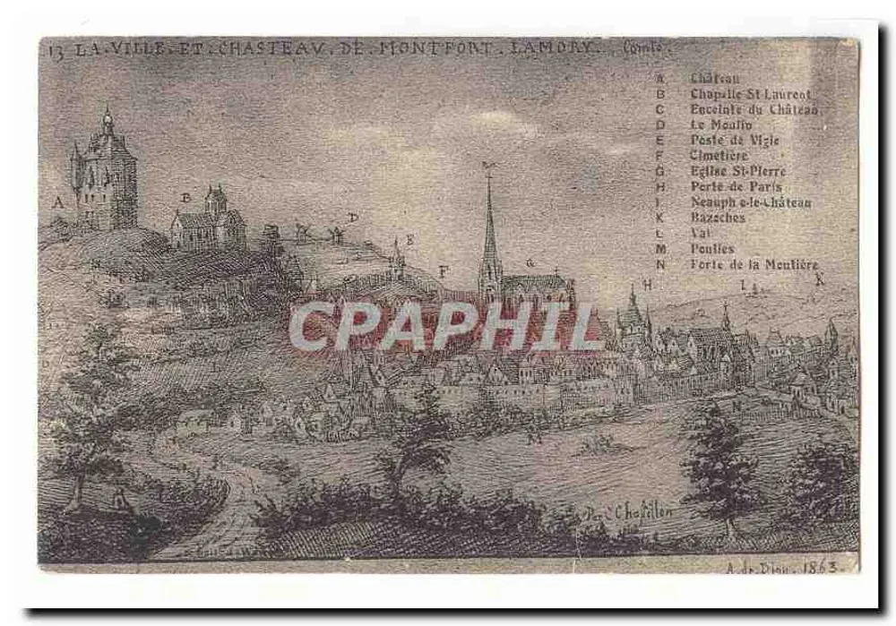 A Cidade e o Castelo de Montfort-l'Amaury — vista panorâmica — A. de Dian, 1863 - Frente