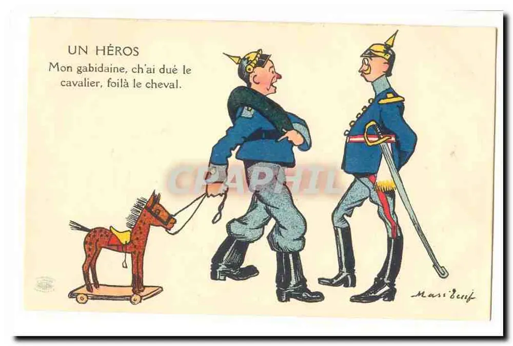 Ein Held — Karikatur deutscher Soldaten mit einem Holzpferd — Massierf - Vorderseite