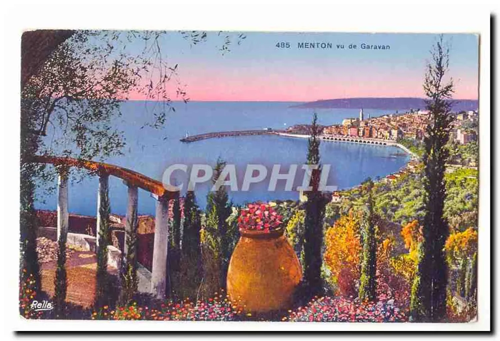 Menton vista de Garavan — vista panorâmica do mar e da cidade — editor Rella, número de série 485 - Frente