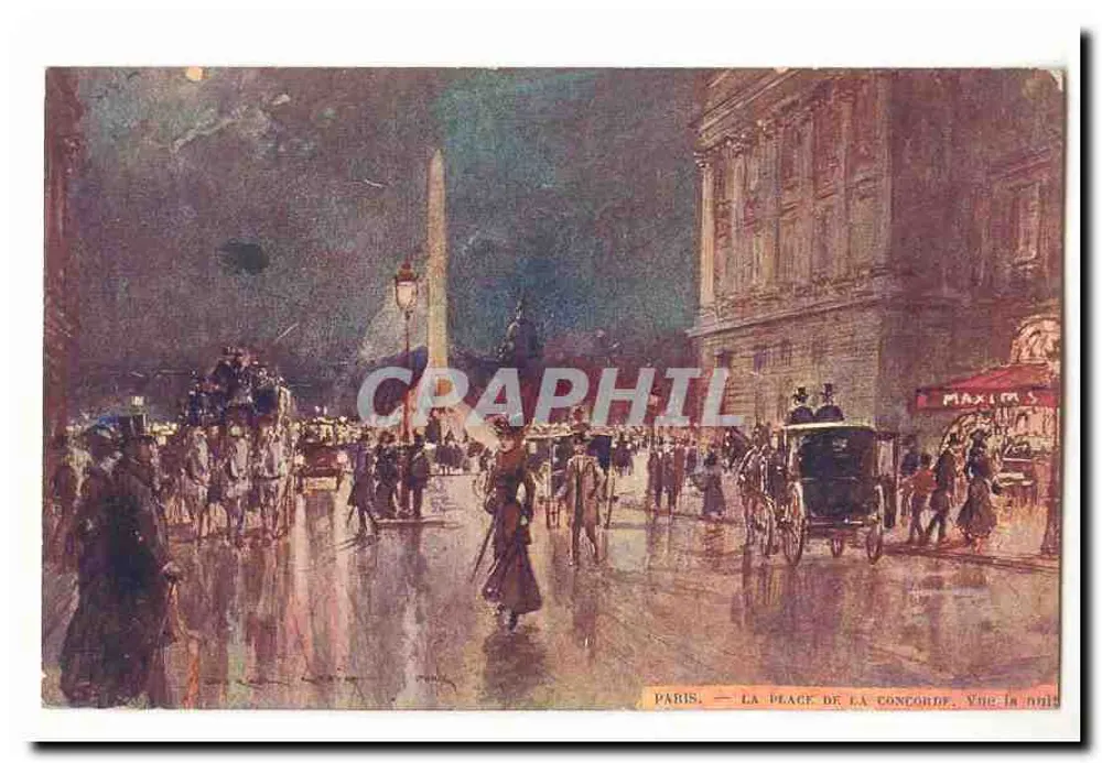 Paris — Die Place de la Concorde, Ansicht zur Nacht — Maxims - Vorderseite