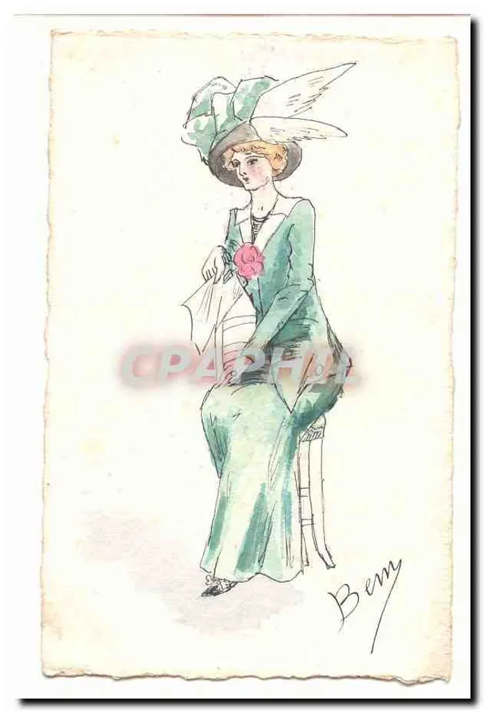 Frau in grüner Robe und dekoriertem Hut — Aquarellzeichnung — Signiert von Benty - Vorderseite
