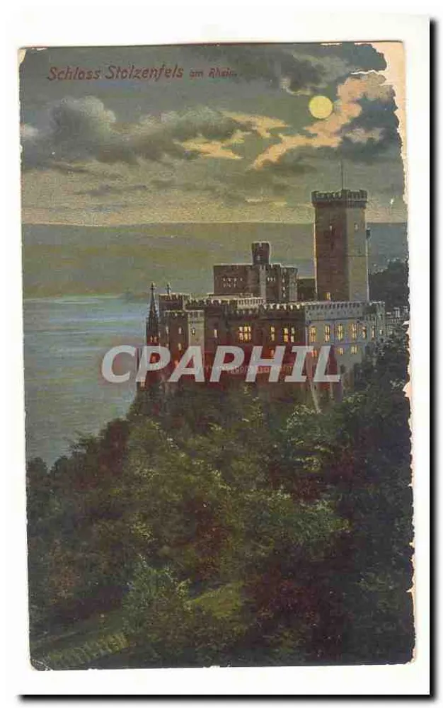 Schloss Stolzenfels am Rhein — vista noturna sob a lua — editor não identificado - Frente