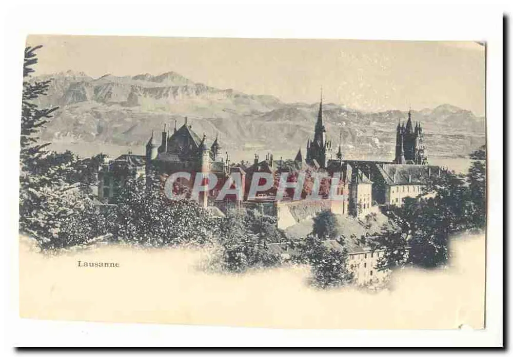 Lausanne — vista panorâmica com montanhas e igreja — - Frente