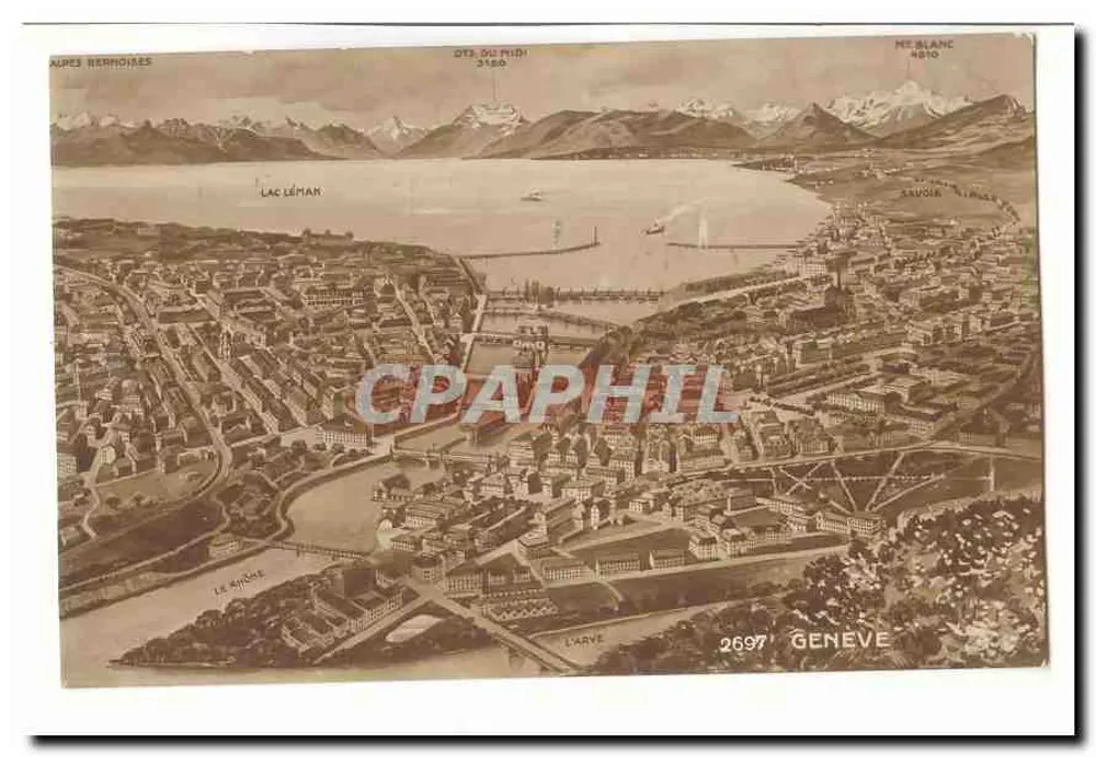 Visão aérea de Genebra — Lago Léman, Alpes Bernoises, montanhas do Midi e do Blanc — editor Genebra, n° 2697 - Frente