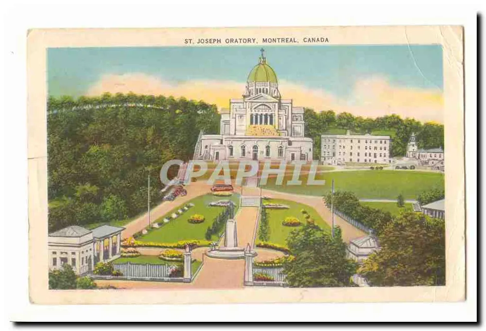 Oratorium św. Józefa, Montreal, Kanada — widok panoramiczny głównego budynku z zielonym dachem i ogródkiem - Awers