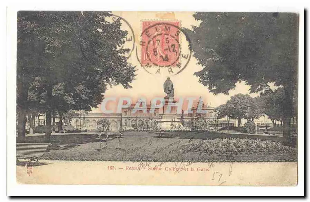 Reims — Estátua de Colbert e a Estação — editor não identificado, n° de série 165 - Frente