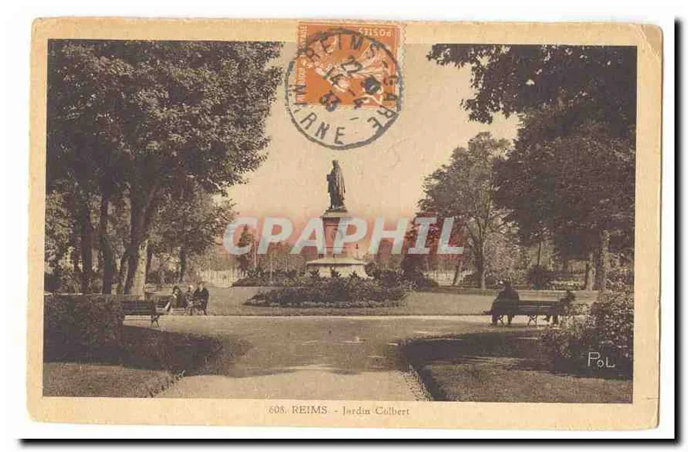 Reims - Jardim Colbert — estátua central, bancos, árvores — editor Pol, n° 608 - Frente