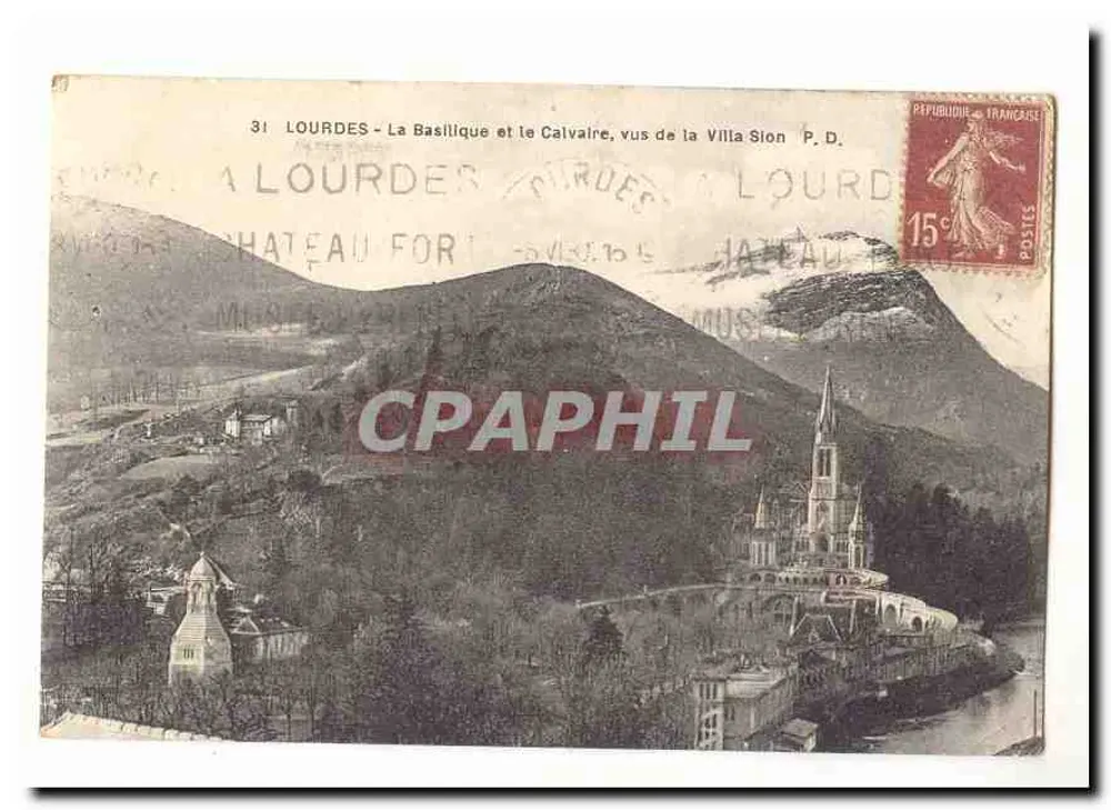 Lourdes - Die Basilika und der Calvarienberg, gesehen von der Villa Sion P.D. - Vorderseite