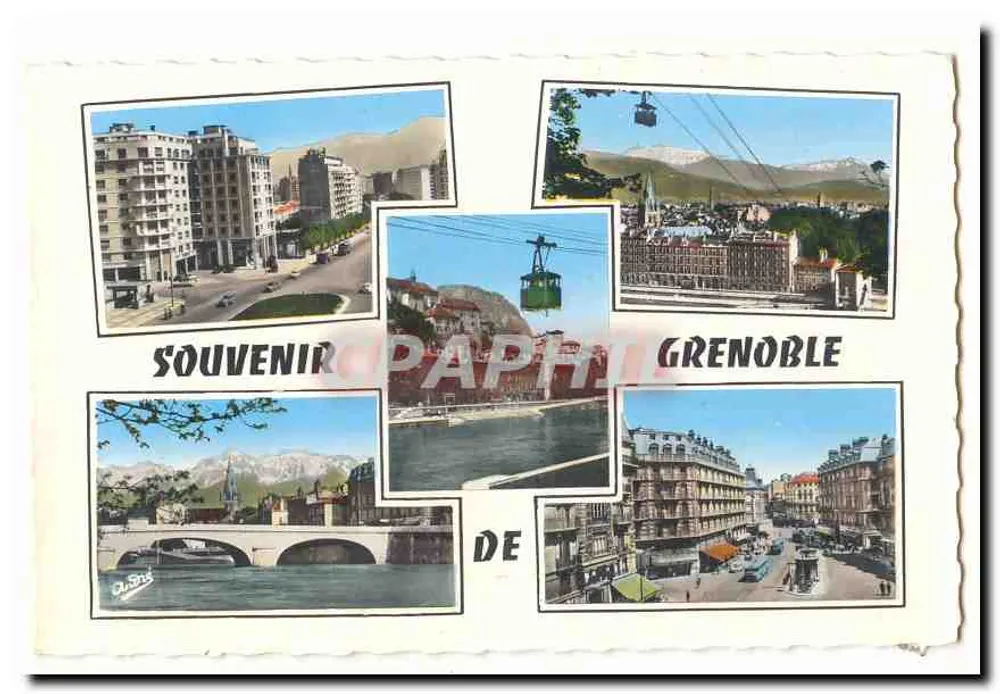 Grenoble — vista panorâmica com teleférico e montanhas — Lembrança de Grenoble - Frente