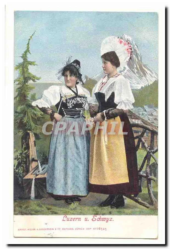 Zwei junge Frauen in traditionellen Kleidern — Luzern und Schwyz — Verlag Artist. Atelier H. Gussenheim & Cie, Ausgabe Zürich, Nr. 16525 - Vorderseite