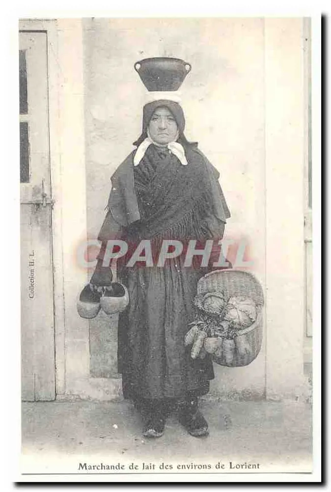 Marchande de lait des environs de Lorient — femme portant un pot sur la tête et un panier de légumes — éditeur H. L. - Vorderseite