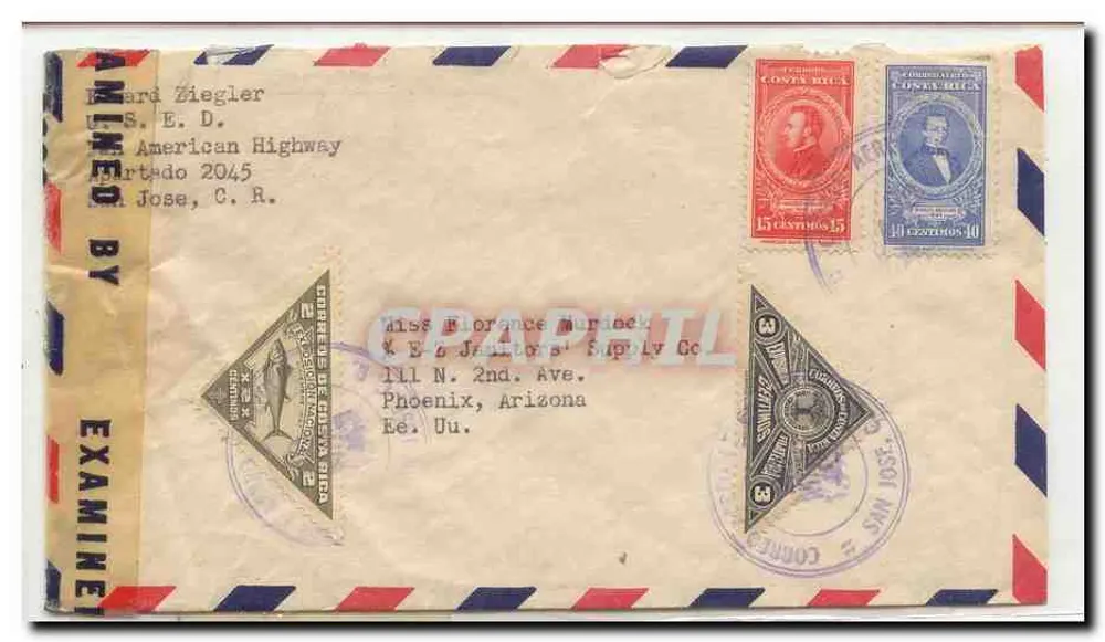 Luftpostkarte — Costa Rica — San José — An Phoenix, Arizona — Stempel 15 und 40 Centimos - Vorderseite