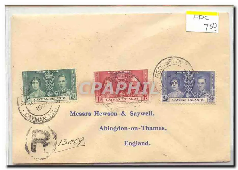 Cayman Islands — 12. Mai 1937 — 3 gestempelte Briefmarken — Messrs Hewson & Saywell, Abingdon-on-Thames, England - Vorderseite