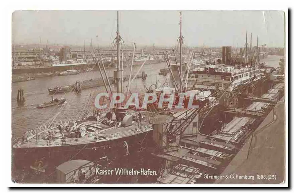 Kaiser Wilhelm-Hafen — lebhafter Hafen mit Schiffen und Kränen — Sfrumper & C° Hamburg (25) - Vorderseite