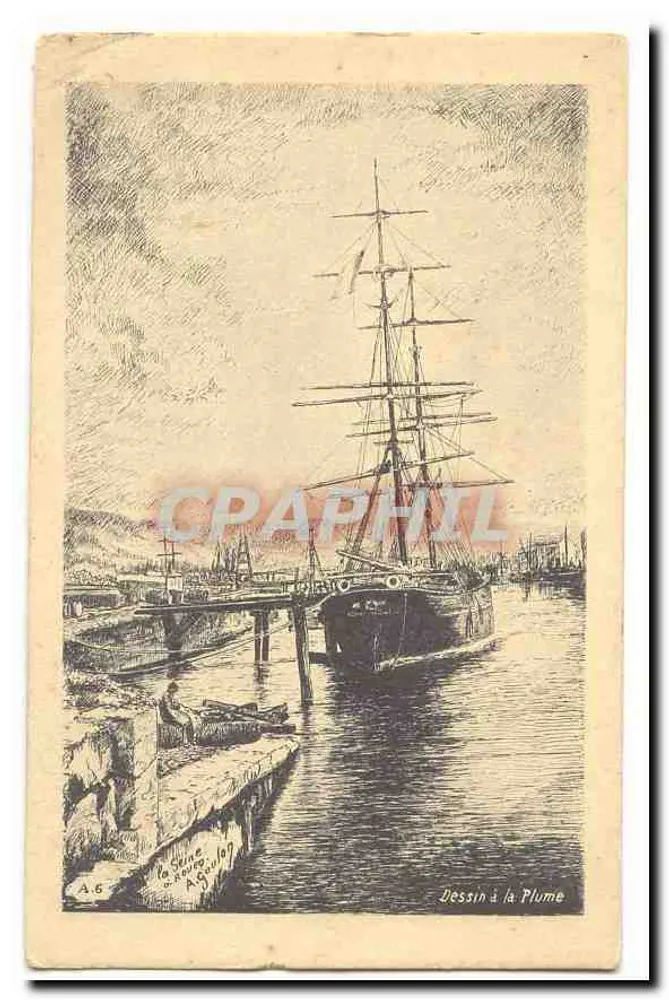 Segelschiff am Hafen — Zeichnung mit Feder, A.6 - Vorderseite