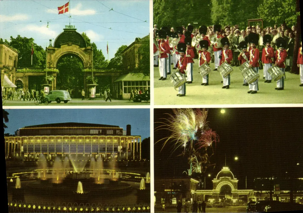 Tivoli — Entrée principale, Nouvel Hall de Concert, Garde Tivoli, Fêtes pyrotechniques — KC Will-Møllers Kunstforlag, Série 6701-680 - Recto