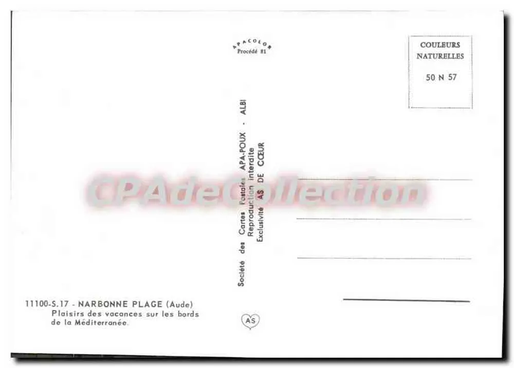 NARBONNE Plage — Sociedade das Cartas Postais ALBI - ALBI - Verso