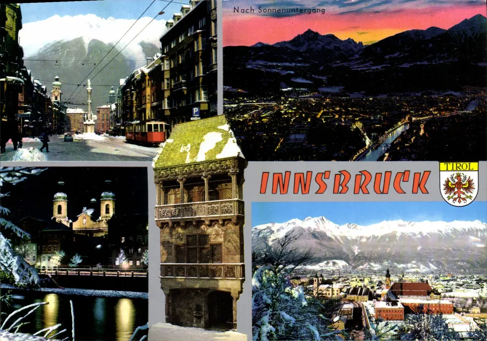 Innsbruck — winterliche Ansicht mit schneebedeckten Bergen — Risch-Lau, A 2551 - Vorderseite