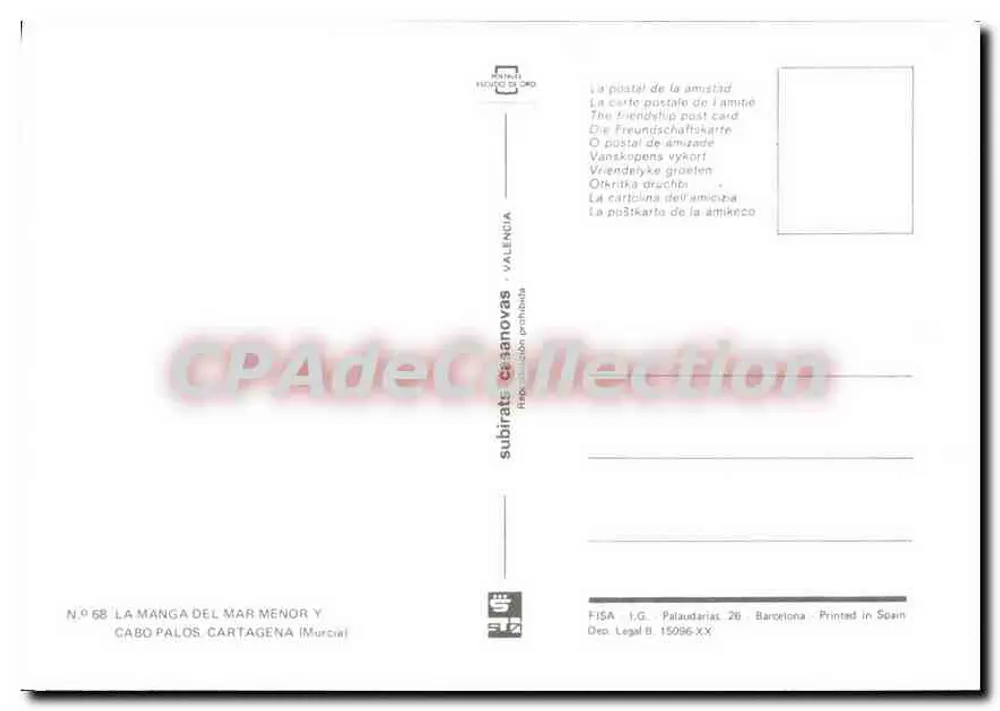 Cabo Palos, Cartagena — La Manga del Mar Menor — Verlag subiratrasanovas, Nr. 68 - Rückseite