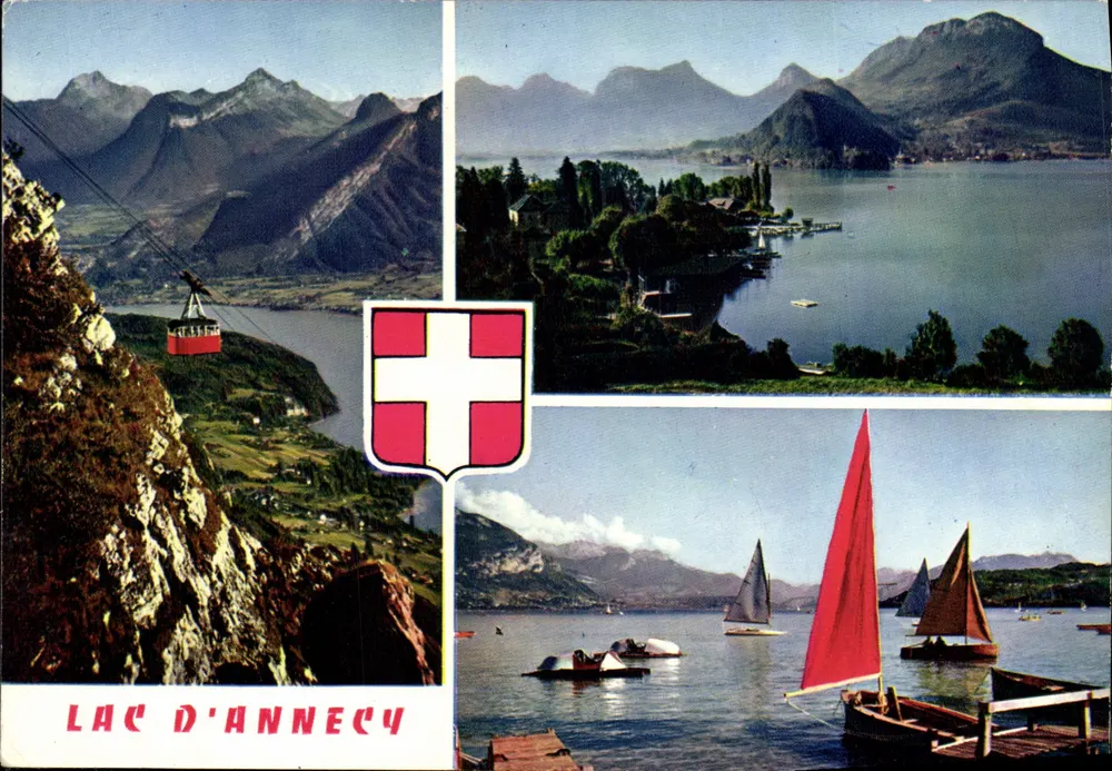 Lac d'Annecy — vue panoramique avec téléphérique, bateaux et montagnes — Lumicap - Recto