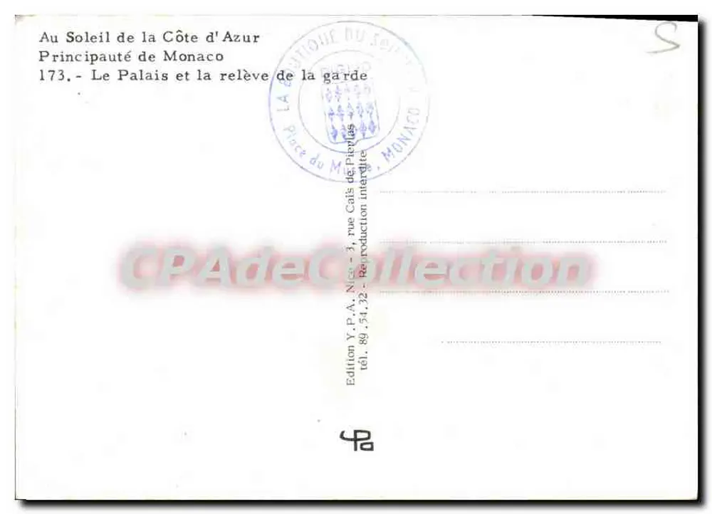 Palacio de Mónaco — Reemplazo de guardia — Edición Y.P.A. Nice - Reverso