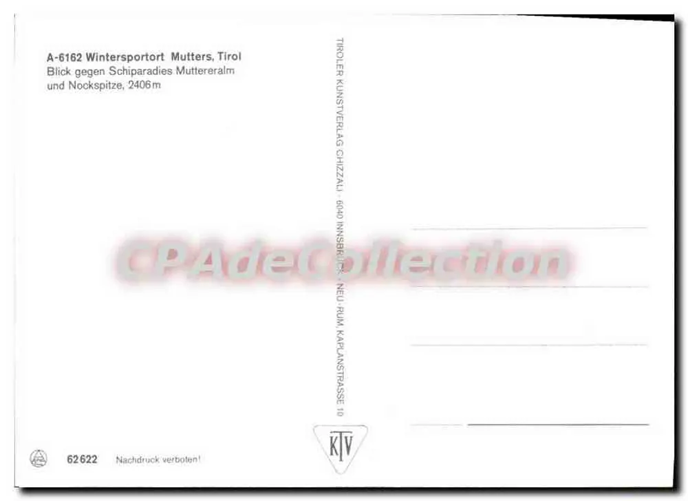 Mutterers — Ansicht des Schiparadies und der Nockspitze, 2406 m — Tirolien Kunstverlag Chizzaui - Rückseite