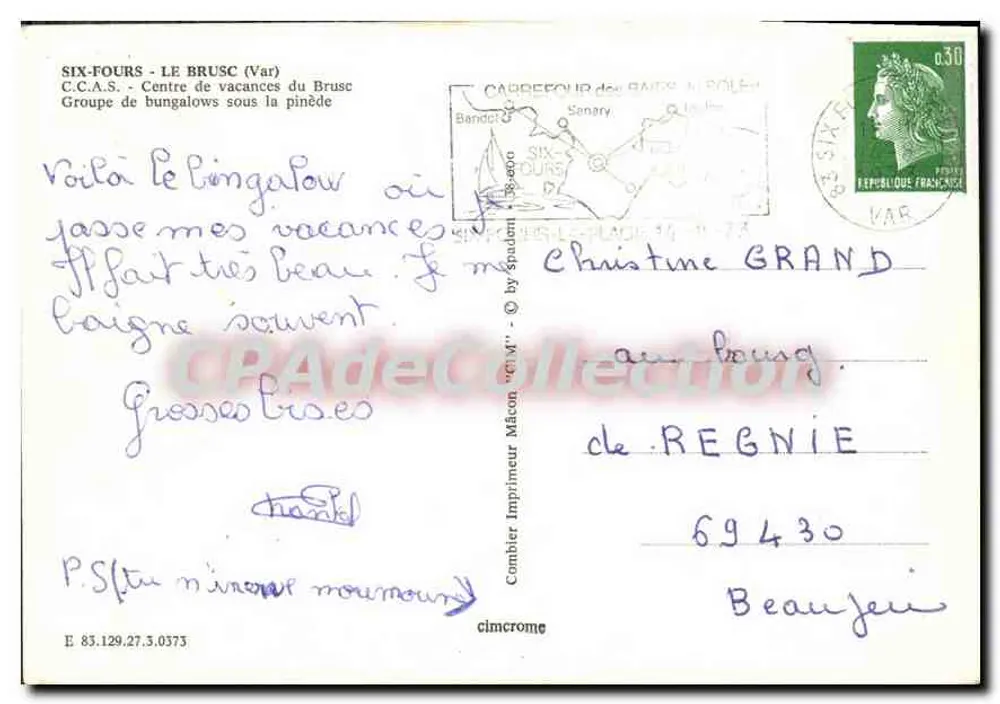 Six-Fours - Le Brusc — Centre de vacances du Brusc, groupe de bungalows sous la pinède — Imprimeur Cambier - Verso