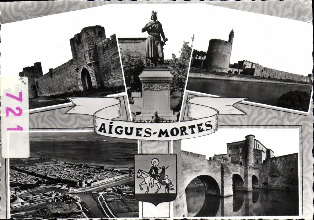 Aigues-Mortes – Panoramablick mit Statue des hl. Ludwig, Mauern, Turm von Constance und Brücke – Verlag Lionvilleurbanne S.L. - Vorderseite