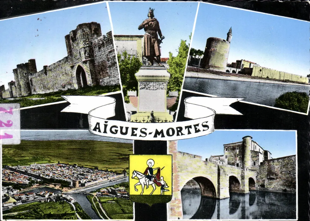 Aigues-Mortes — Panoramablick mit Statue des hl. Ludwig, Mauern und Turm von Constance — Éditions Eurolux - Vorderseite