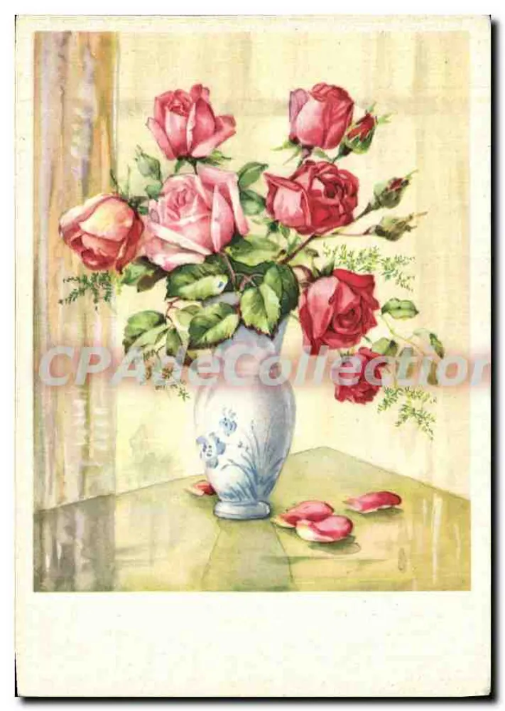 Bouquet de roses — dans un vase bleu et blanc — Becamai 1223 - Recto