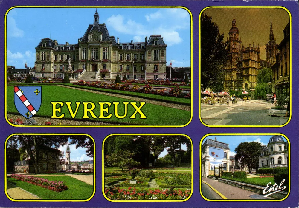 Evreux — Ansicht des Rathauses, der Kathedrale, des Glockenturms und der Gärten — Verlag Estel - Vorderseite