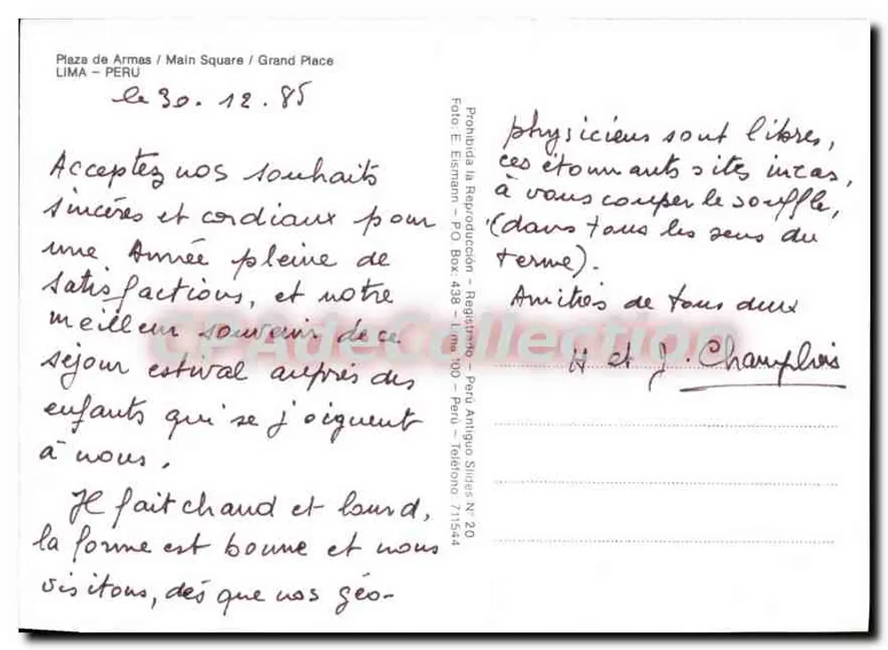 Plaza de Armas — Lima, Peru — editor E. Eismann, série N° 20 - Verso
